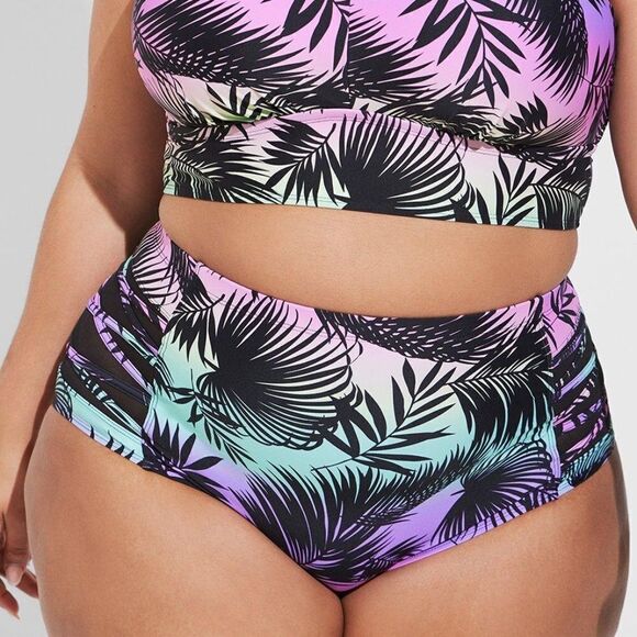 Torrid High-Rise Lattice Side Swim Bottom Palm Print 1X - Picture 3 of 16